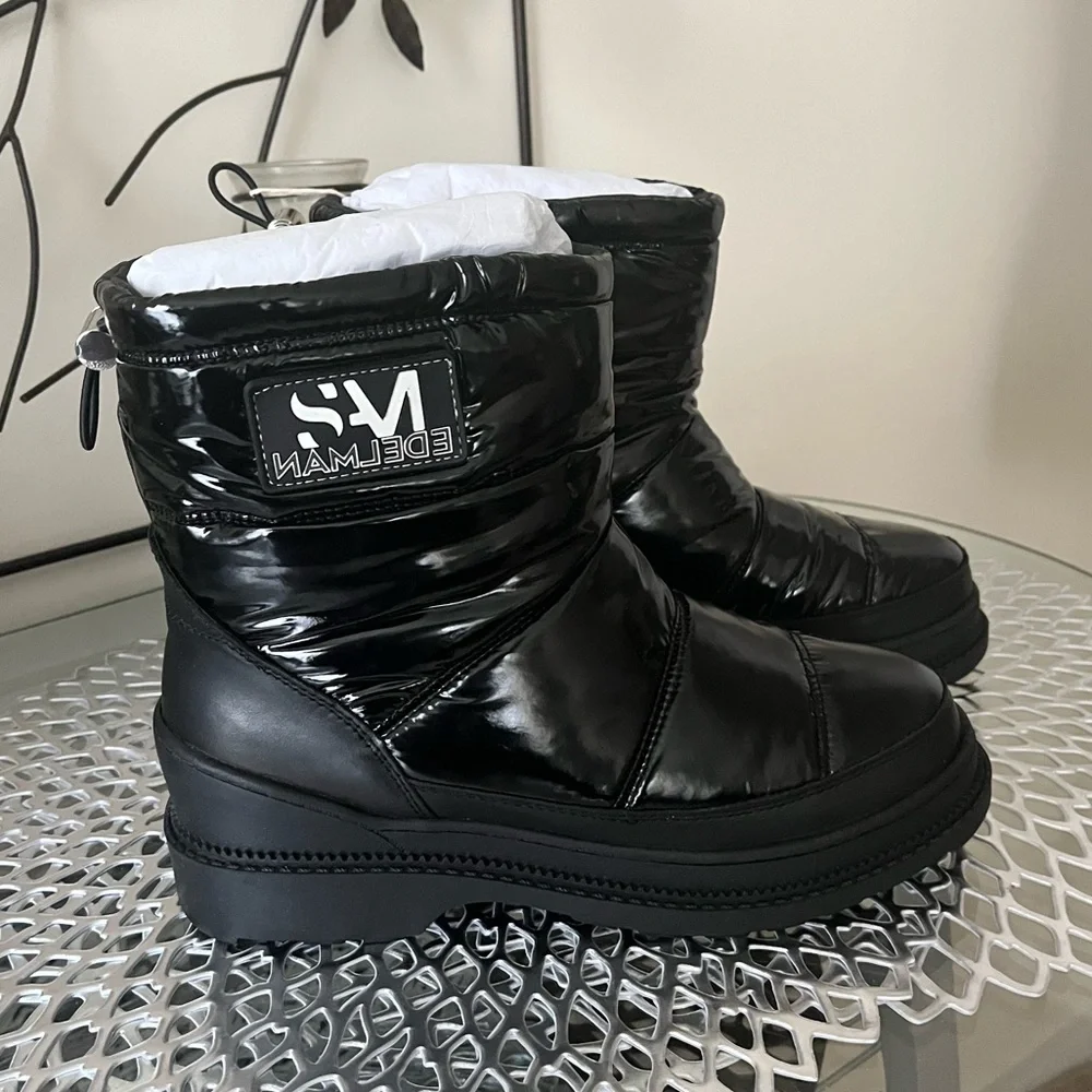 Sam Edelman Carlton Black Leather Trimmed Glossy Lug Sole Snow Boots Size 7 NIB